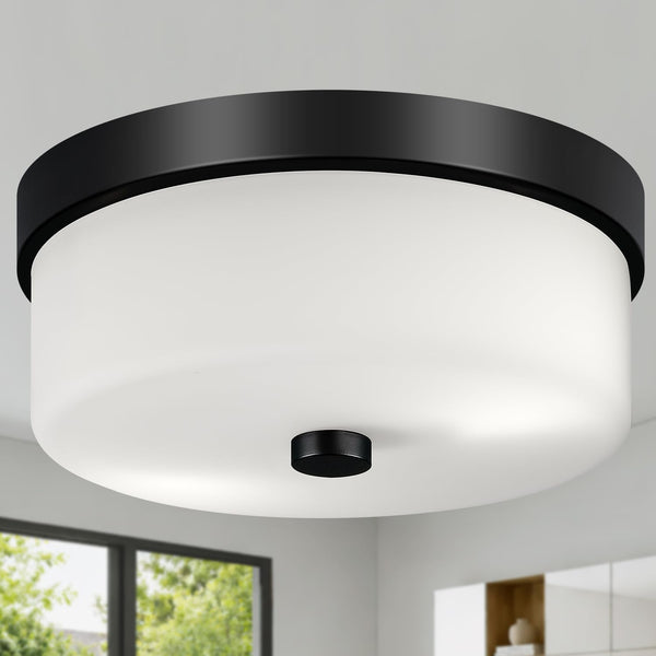 Black Flush Mount Ceiling Light Fixtures, 2-Light Ceiling Mount with Milky White Glass Lampshade, Industrial Flush Mount Light Fixture Farmhouse