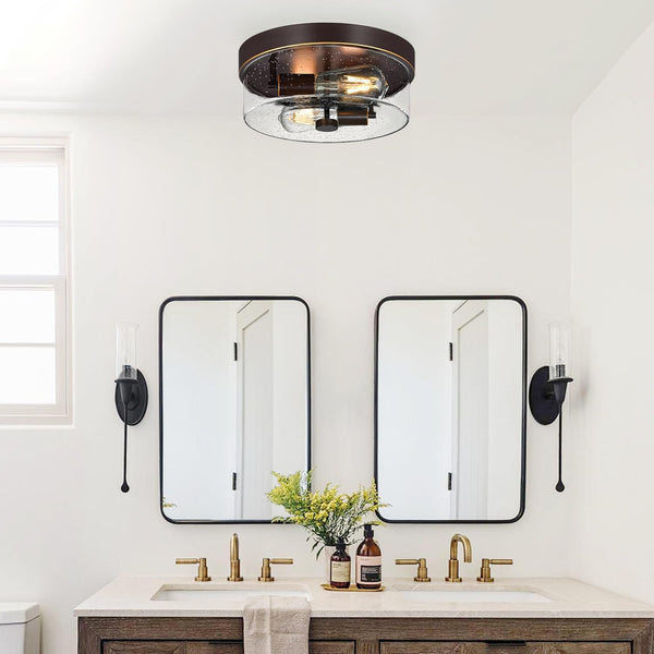 Flush Mount Ceiling Light Fixtures, 2-Light Oil Rubbed Bronze Ceiling Mount with Seeded Glass Lampshade, Industrial Flush Mount Light Fixture