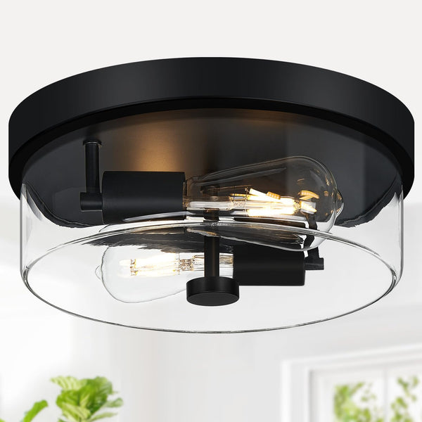 Flush Mount Ceiling Light Fixtures, 2-Light Black Ceiling Mount with Clear Glass Lampshade, Industrial Flush Mount Light Fixture
