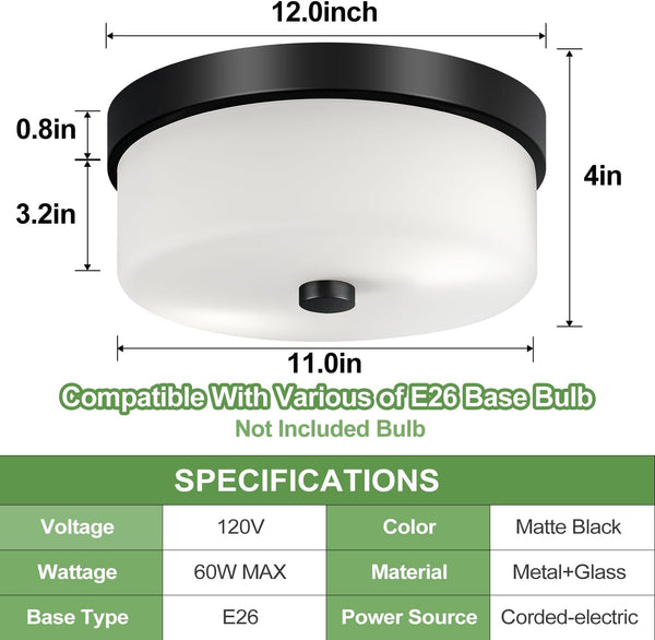 Black Flush Mount Ceiling Light Fixtures, 2-Light Ceiling Mount with Milky White Glass Lampshade, Industrial Flush Mount Light Fixture Farmhouse