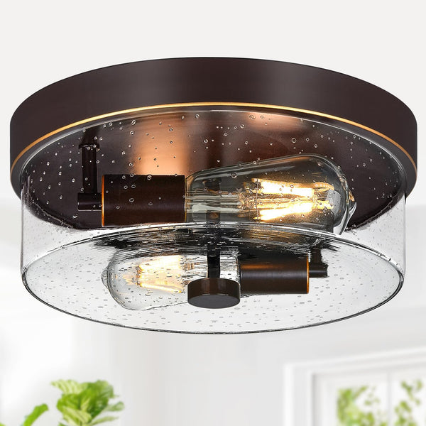 Flush Mount Ceiling Light Fixtures, 2-Light Oil Rubbed Bronze Ceiling Mount with Seeded Glass Lampshade, Industrial Flush Mount Light Fixture